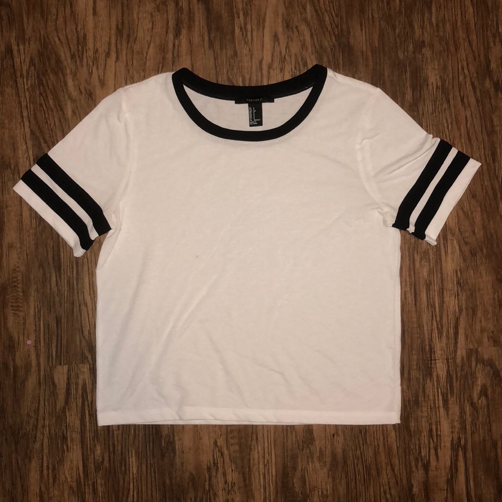white top with striped sleeves